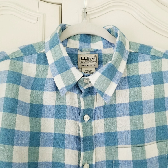 L.L. Bean Blue Green Check Linen Long Sleeve Slightly Fitted Shirt Mens Shirt L - Picture 2 of 5